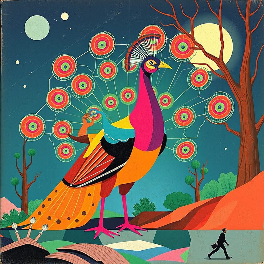 Cubist Peacock Novel in Style of Simon Stalenhag