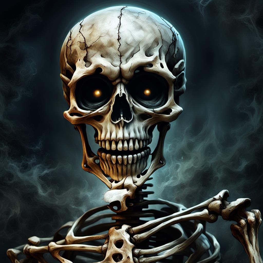 Eerie Skeleton with Doll: Dark Fantasy Art