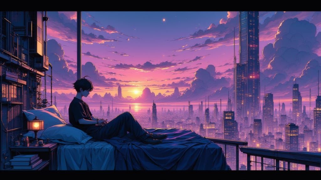 Manga Style Girl Above Cyberpunk City