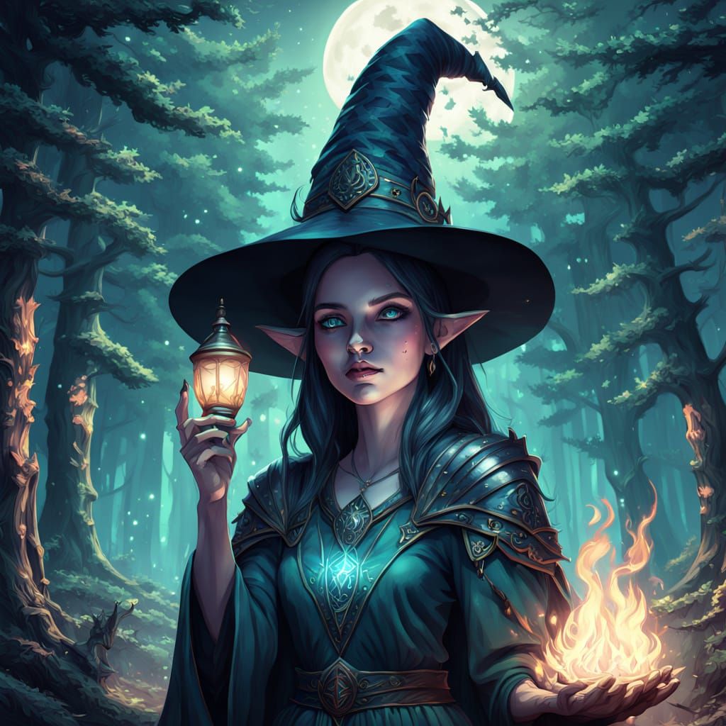 Young Witch in Mystical Forest with Magic Cauldron