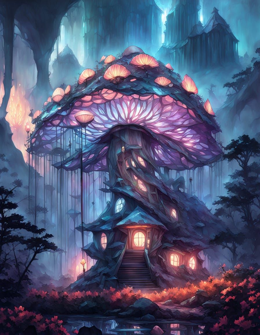 Enchanted Mushroom House in a Whimsical Landscape