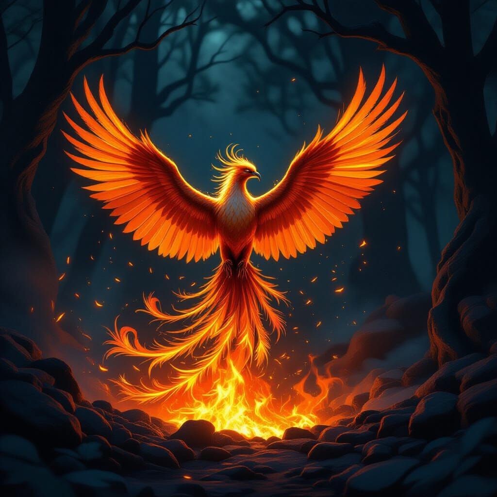 Majestic Phoenix Emerges from Embers in Ancient Forest