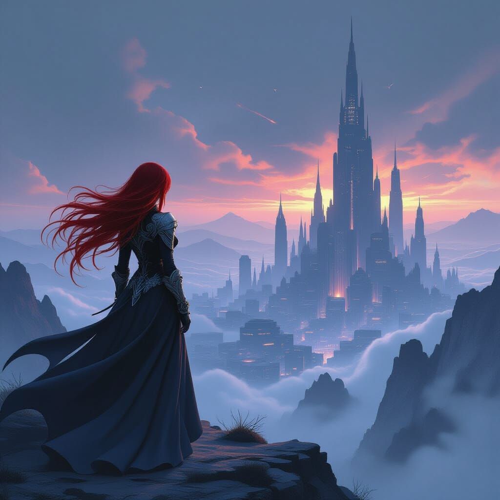 Anime Character Overlooking Alien Cityscape in Mist