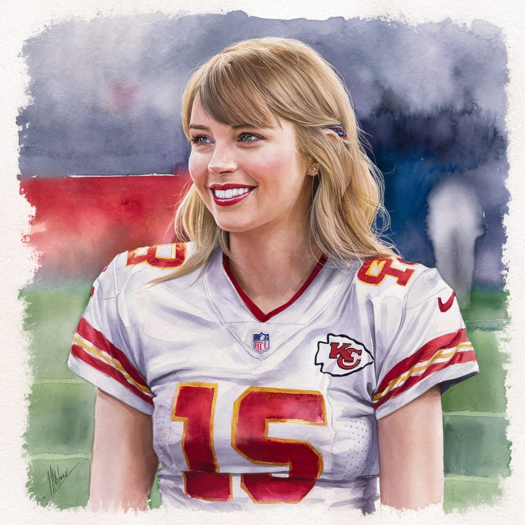 Taylor Swift as Chiefs Fan: Watercolour Portrait