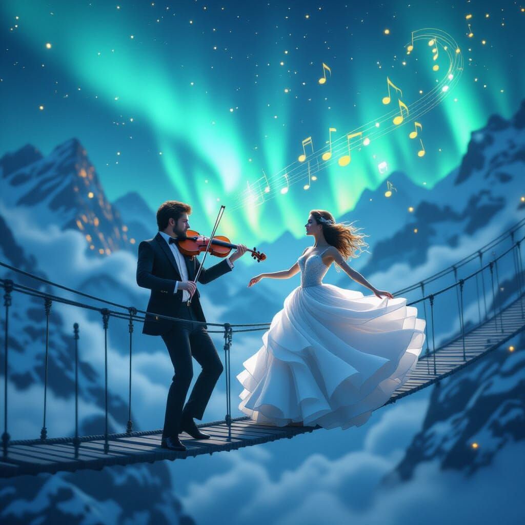 Violinist and Ballerina Dance Under Aurora Borealis