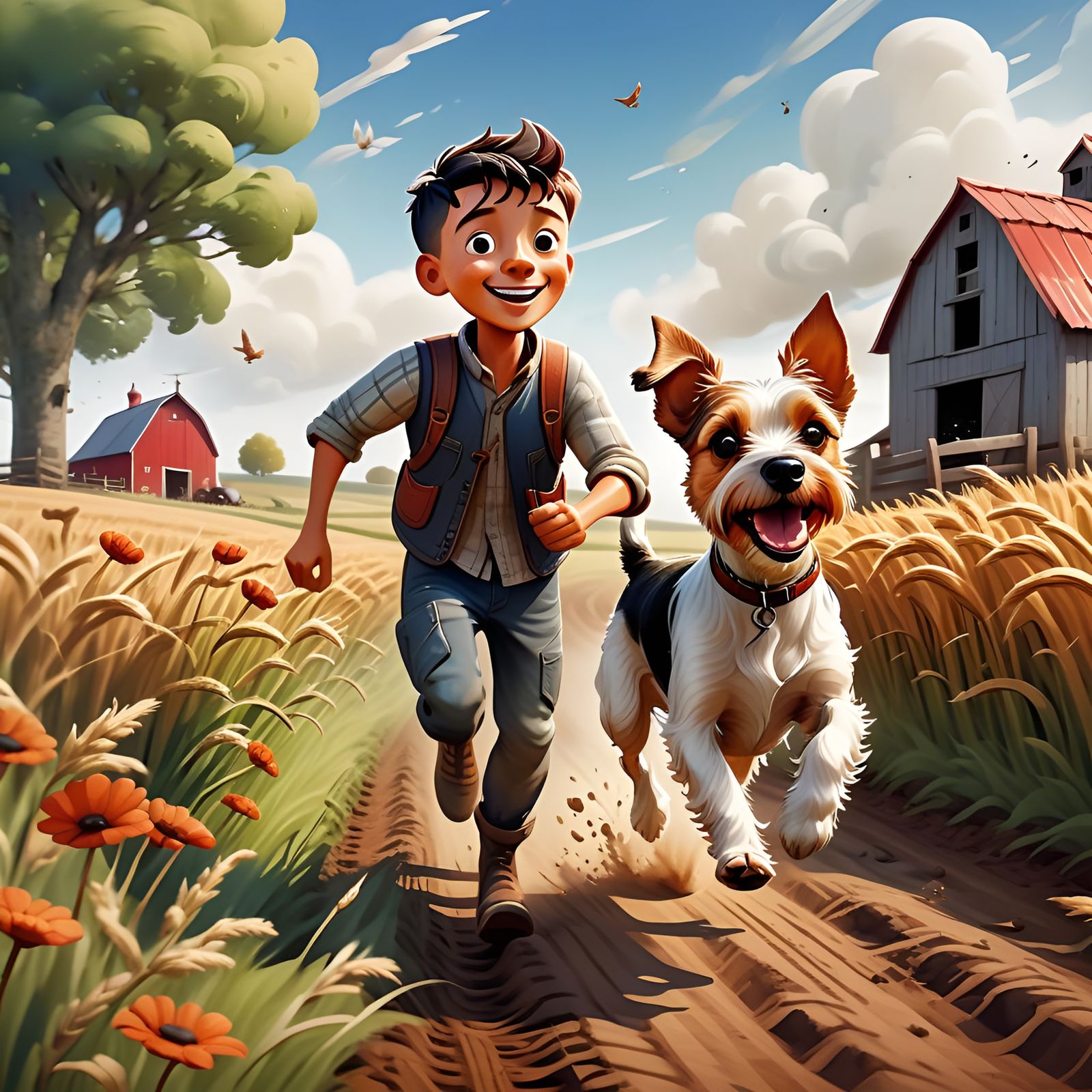 Happy Boy and Terrier on Farm, Folk Art Illustration