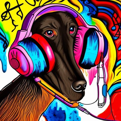 Dog with Headphones in Graffiti Art Style