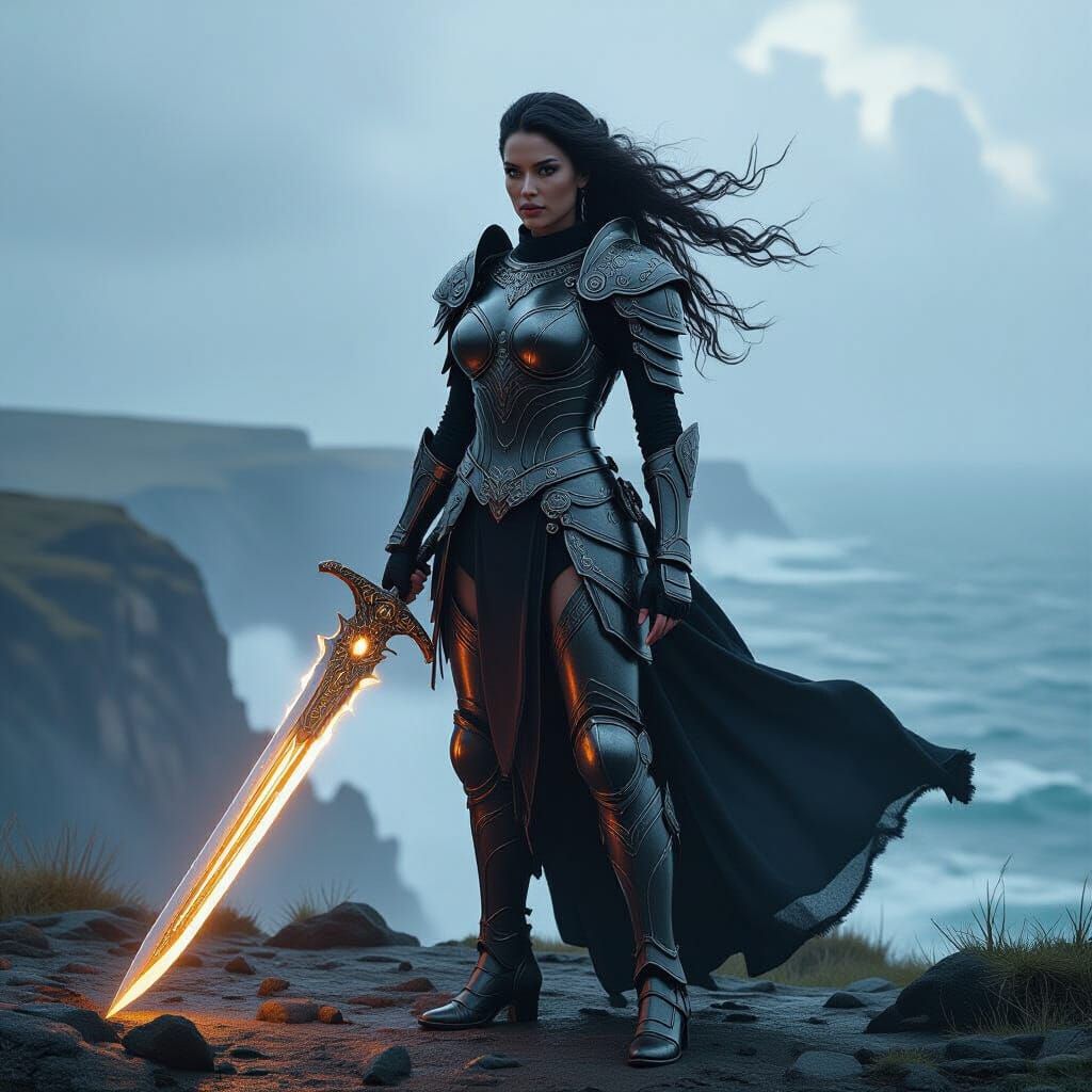 Stoic Warrior Woman With Glowing Sword on Alien Cliff