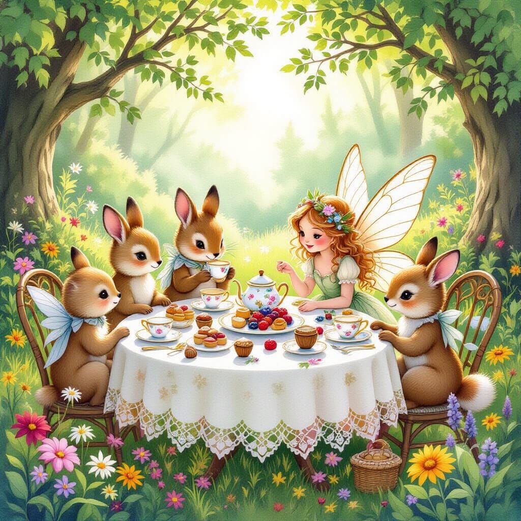 Whimsical Woodland Tea Party Watercolor Painting