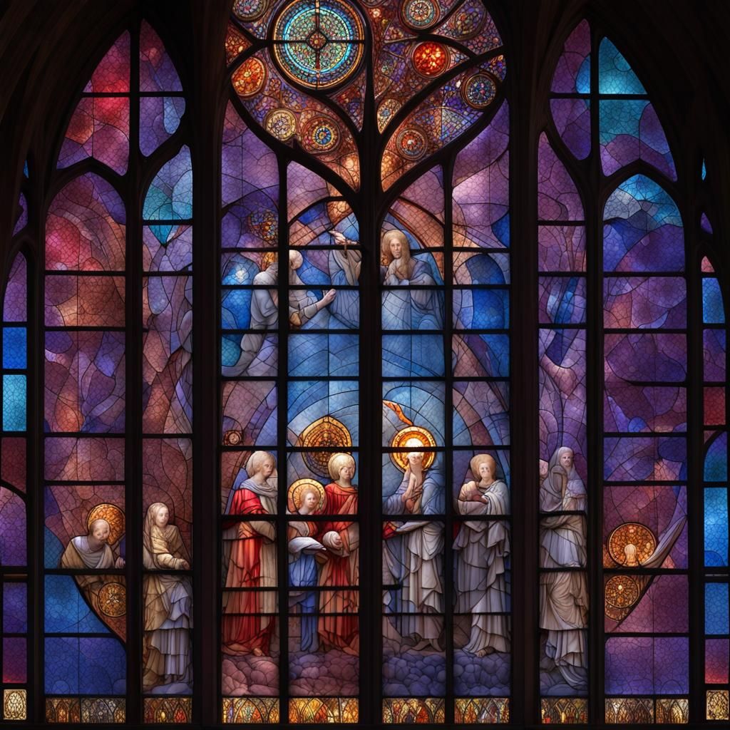 Stained Glass Window: Universe's Birth in Gothic Style