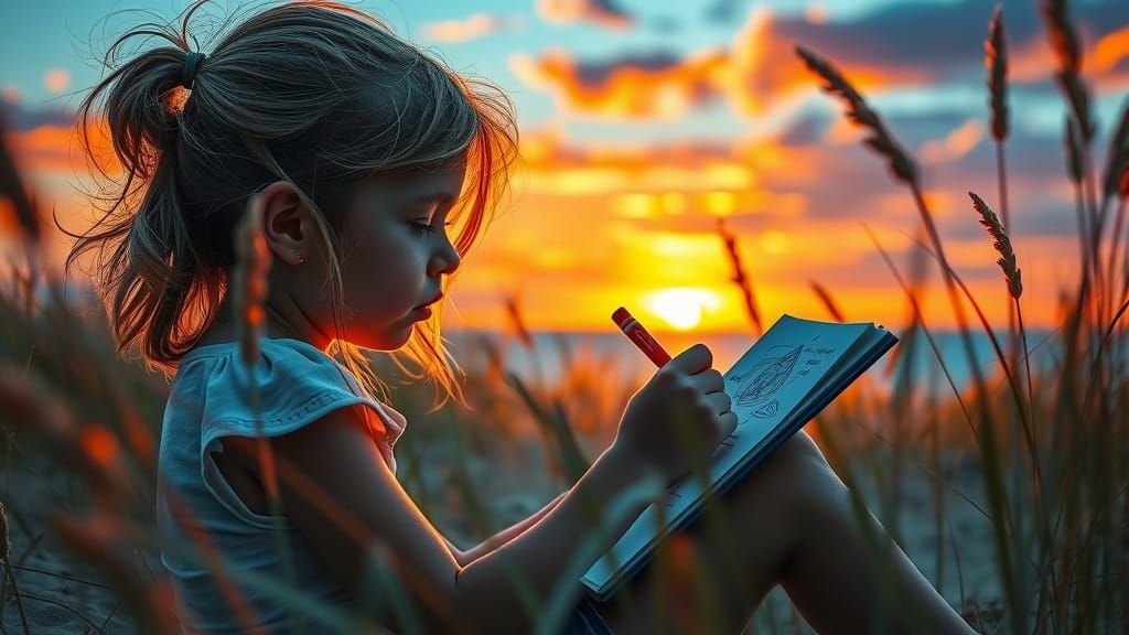 Girl Sketching Beach Sunset in Vibrant Hues