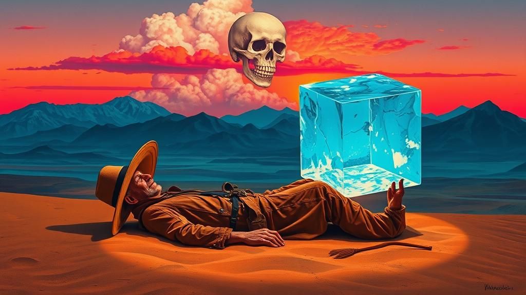Surreal Desert Dreamscape with Mystical Ice Cube