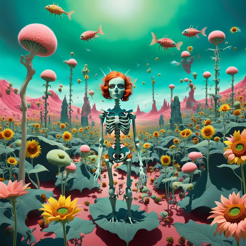 Surreal Candy Landscape with Winged Fairy and Cyborgs