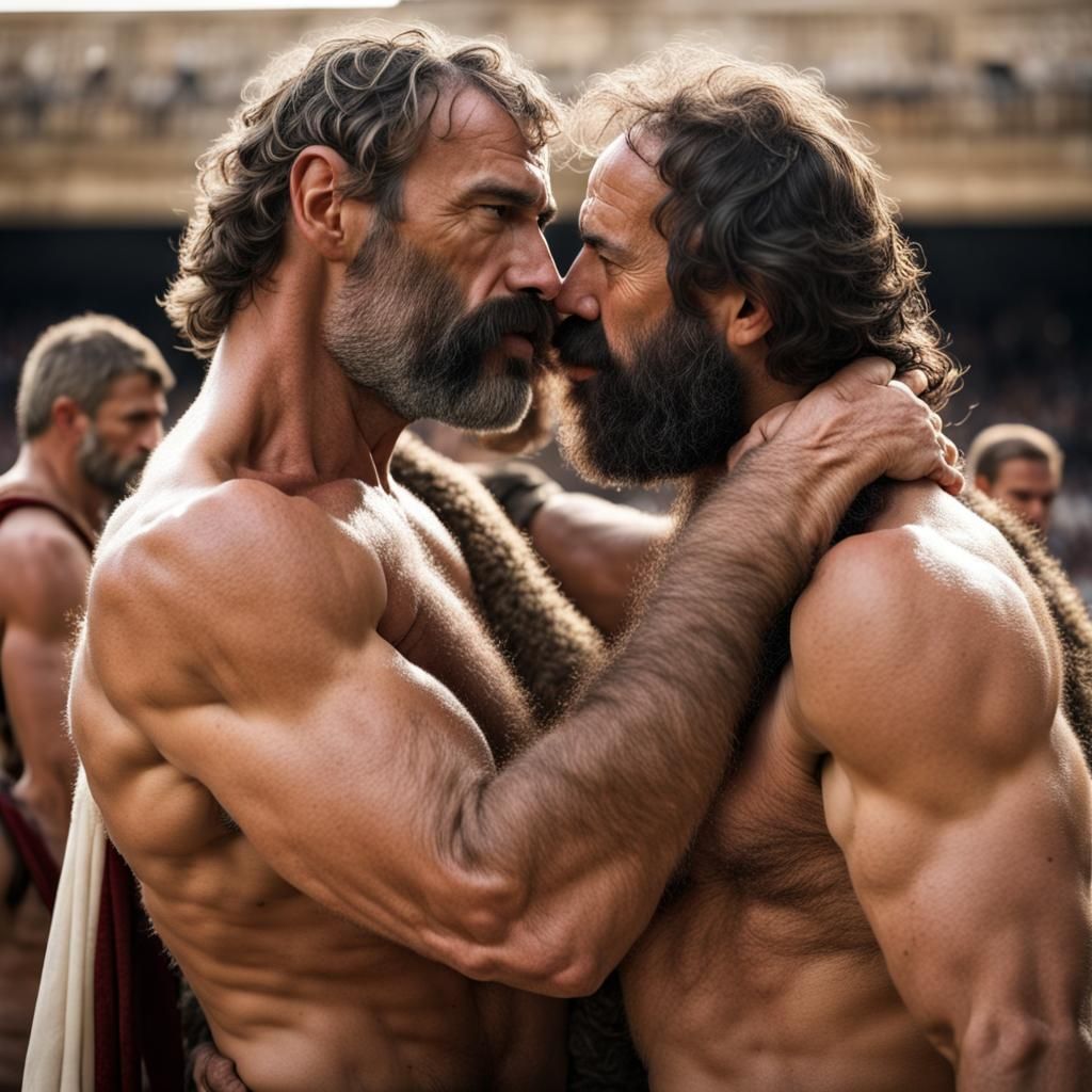 Gladiators Kissing in Ancient Roman Arena