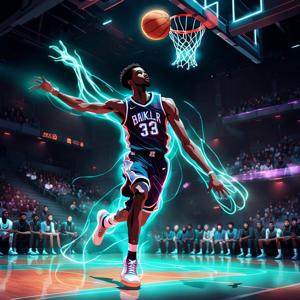 Glowing Basketball Phantom in Neon Darkness