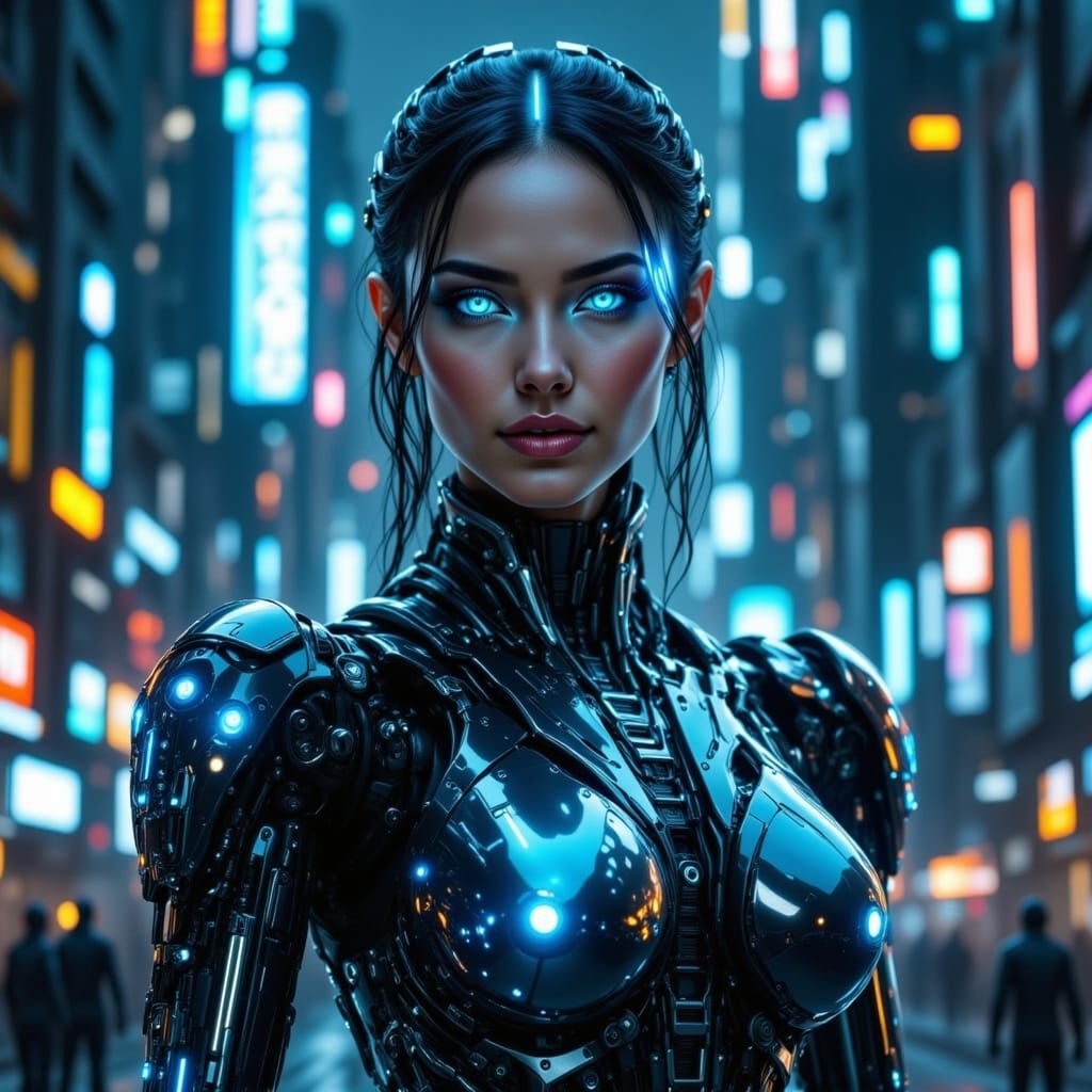 Beautiful Female Cyborg in Neon Sci-Fi City