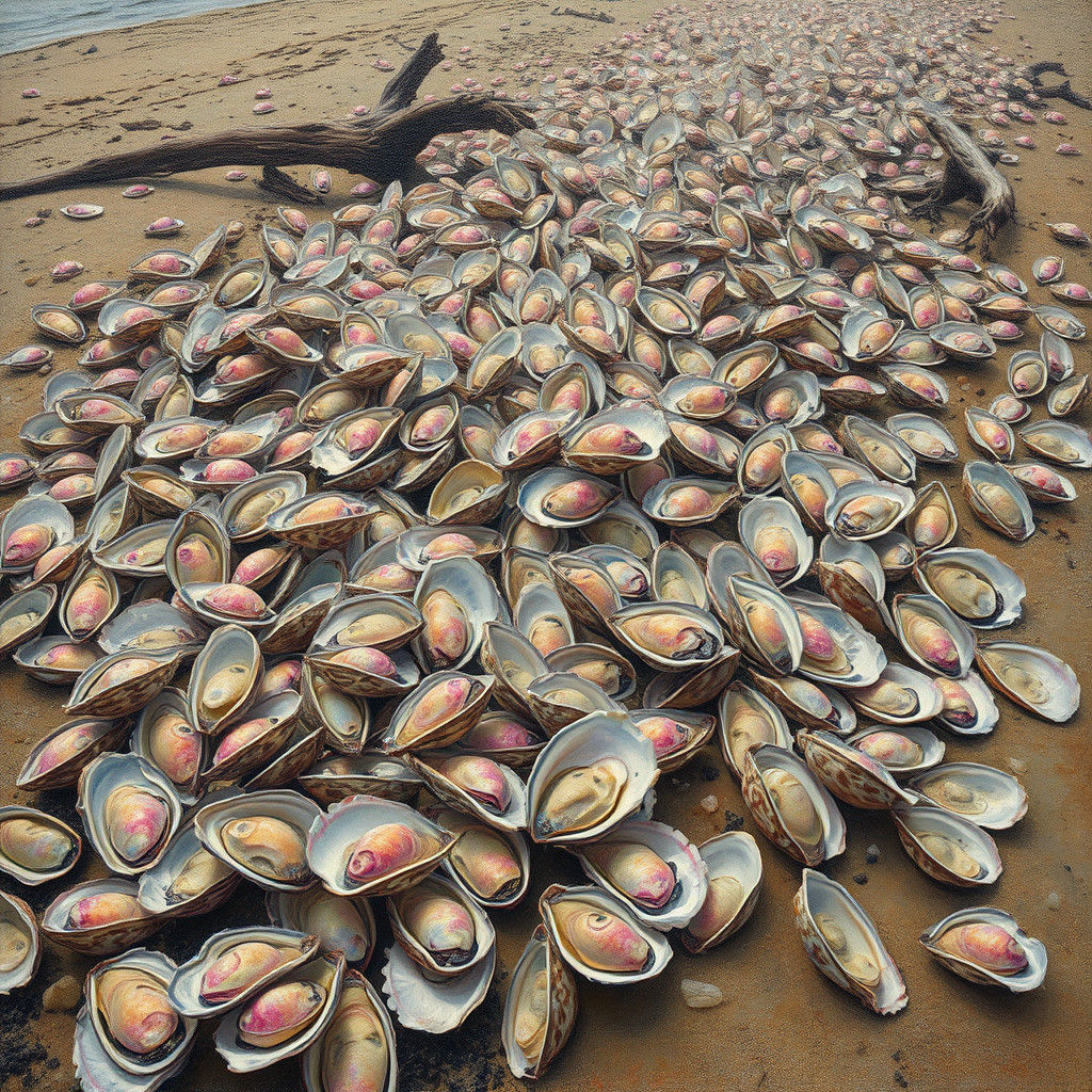 Oyster Stampede on the Beach: Surreal Dreamscape