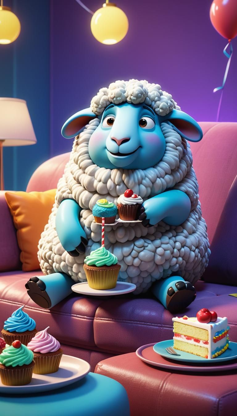 Fluffy Sheep on Couch Eating Cake: 3D Digital Art