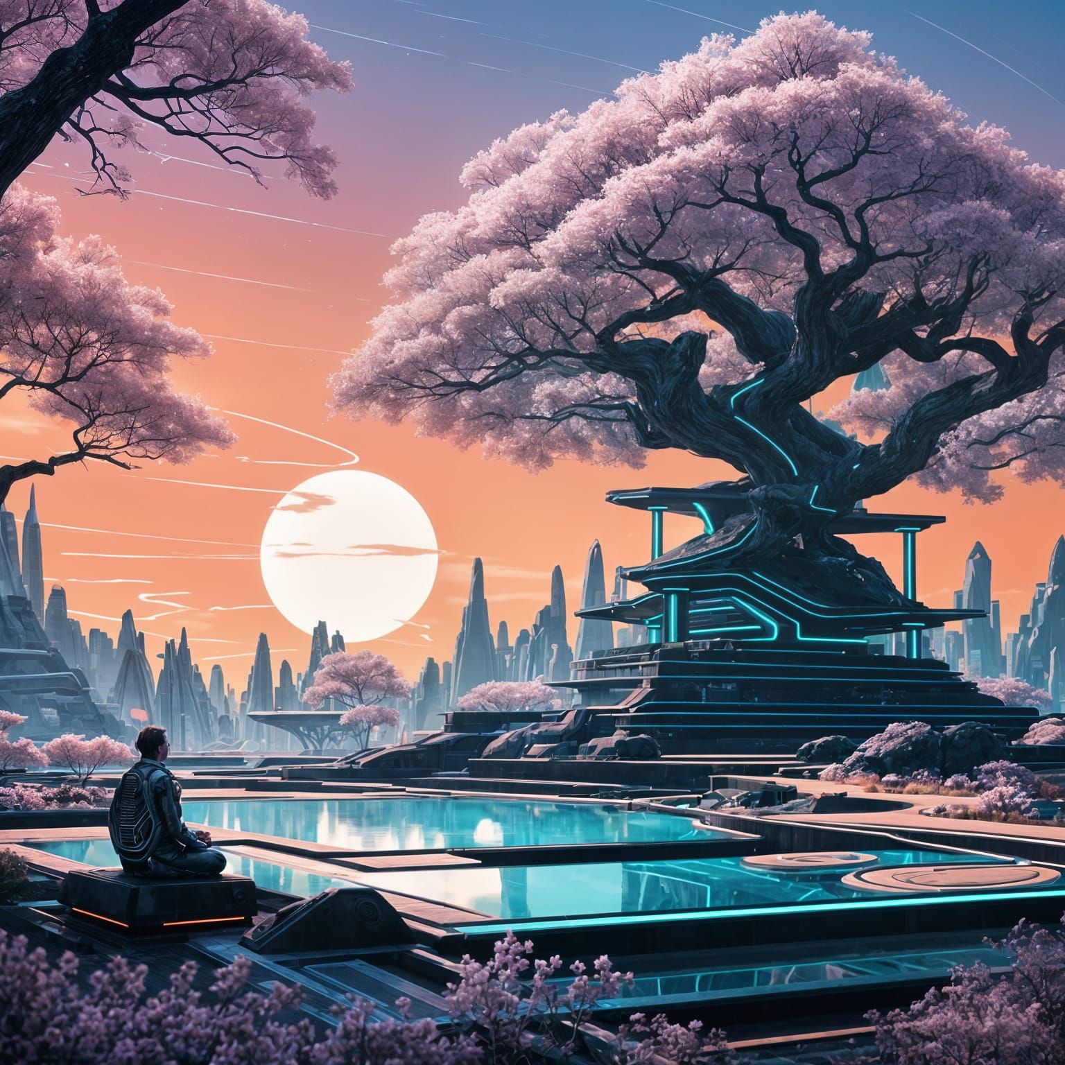 Cyborg Meditation in Futuristic Zen Garden