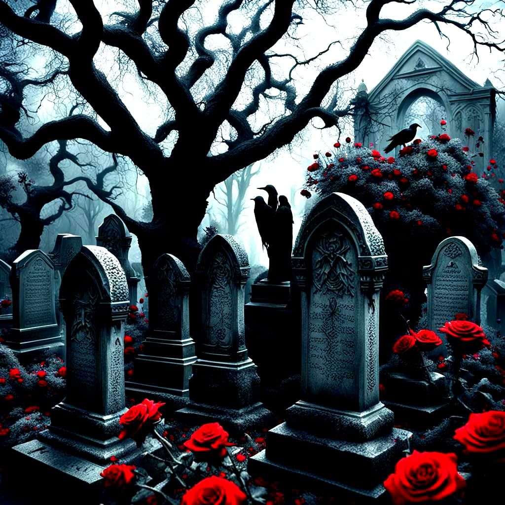 Gothic cemetery under the soft, natural, volumetric, cinematic light that casts dramatic chiaroscuro effects, twisted wi...