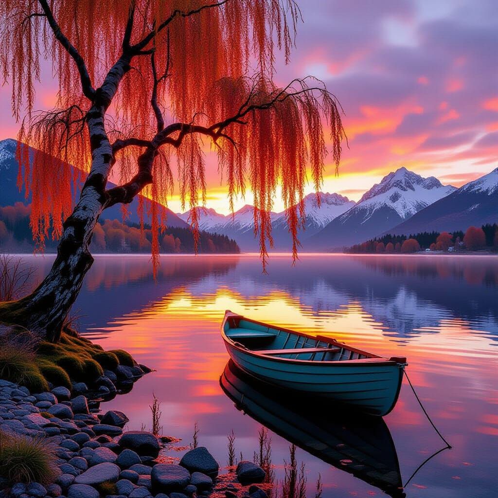 Weeping Willow Over Lake at Sunset, Impressionistic Style