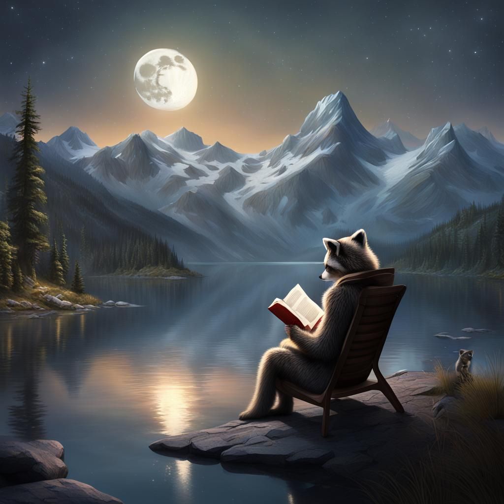 Girl Reading by Lake with Mountains