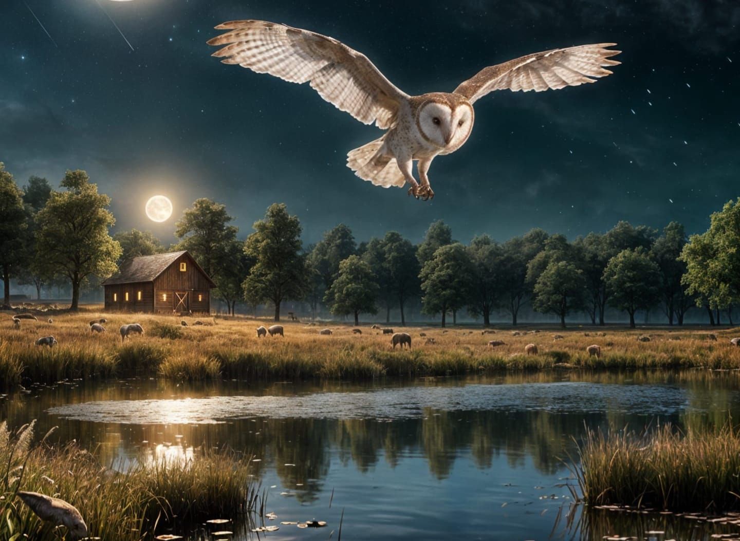 A barn owl is flying across a field hunting for mice at night with the full moon lighting the sky and reflecting off of ...