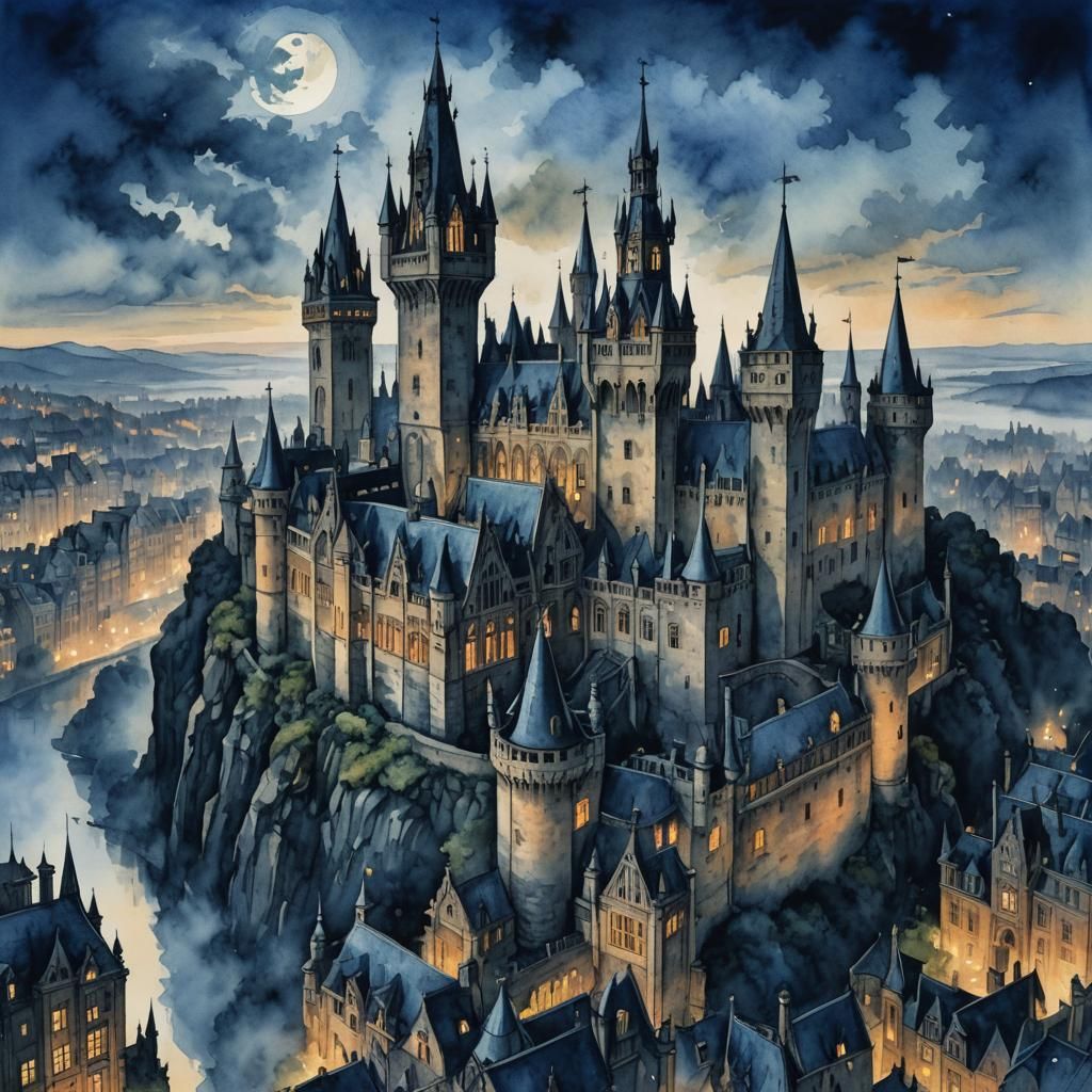 Mysterious Gothic Castle at Dusk in Watercolor Style