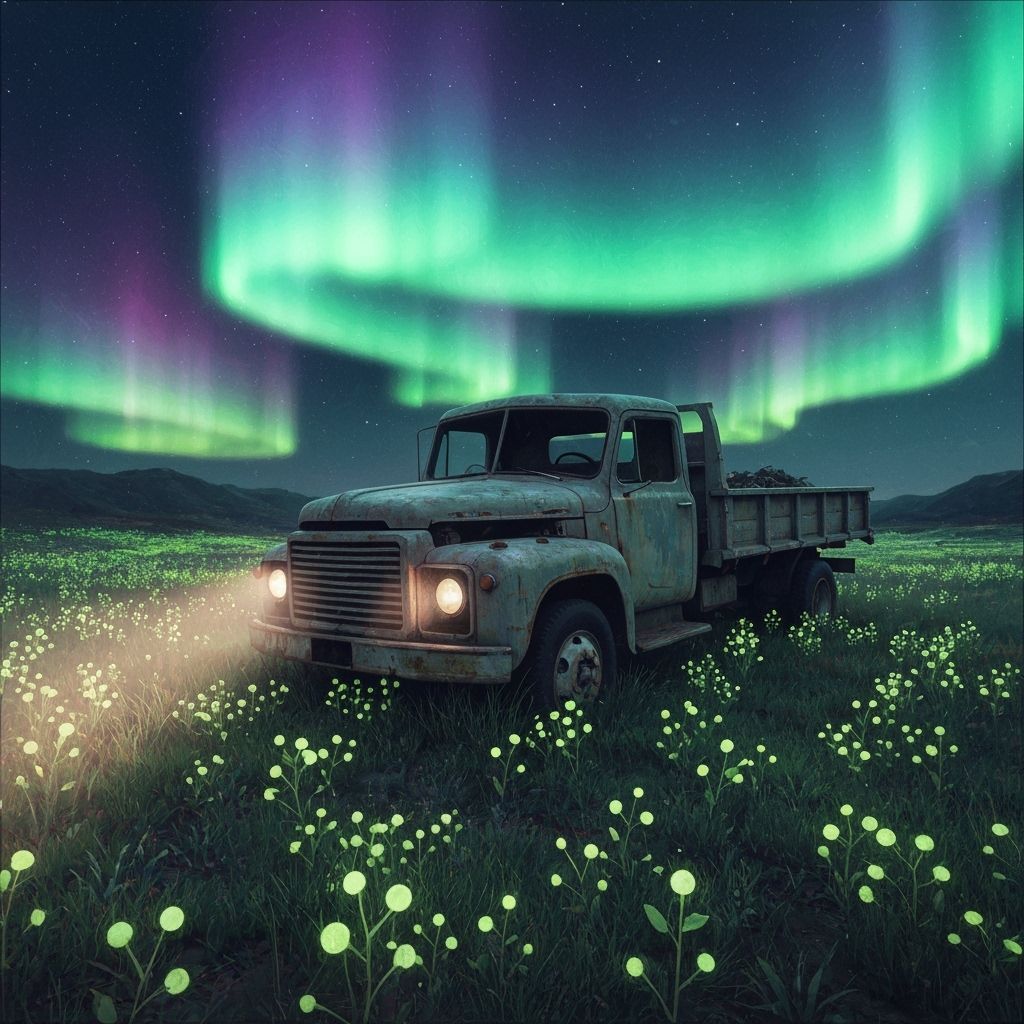 Derelict Truck Amidst Bioluminescent Flora Under Aurora