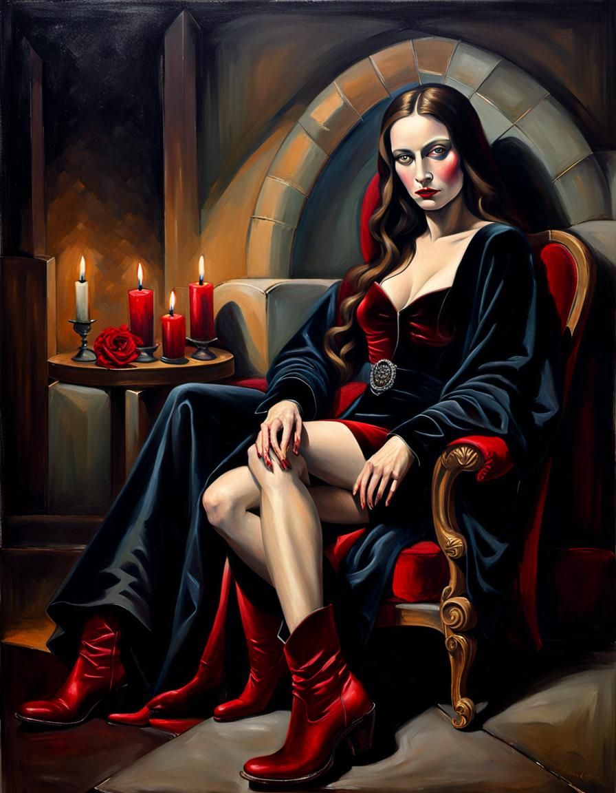 Vampire Mona Lisa in Gothic Ballroom as Oil Painting