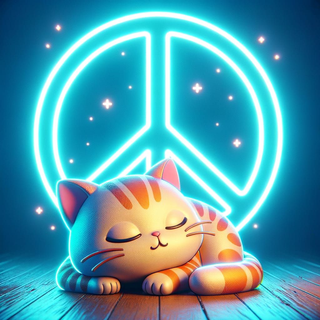 Chibi Cat Sleeping Under Neon Peace Sign