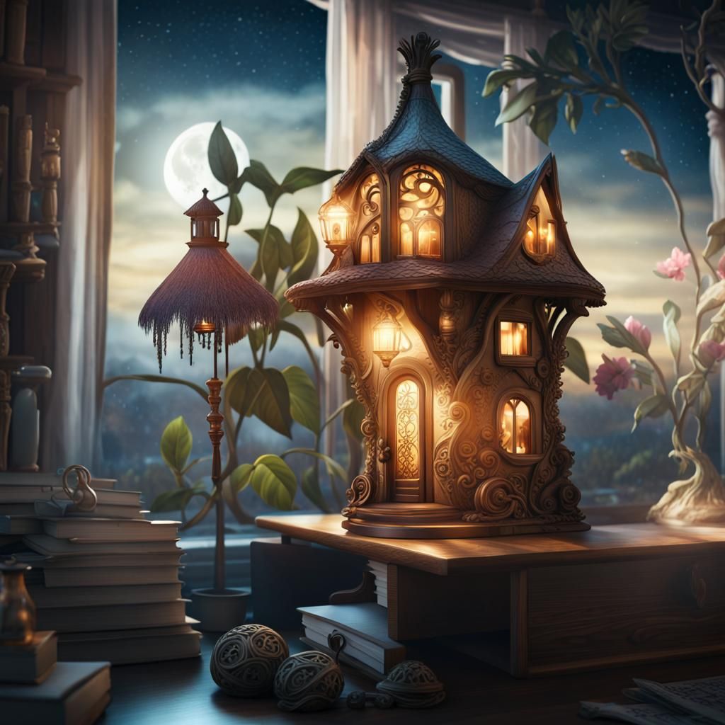 Fairy House Lamp by Moonlit Window in Cel Shading
