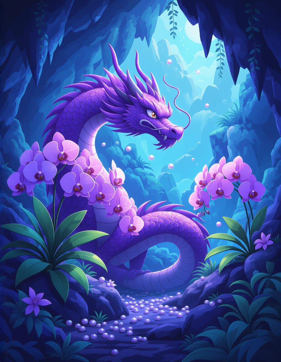 Orchids in Dragon Cave: Cel-Shaded Anime Art