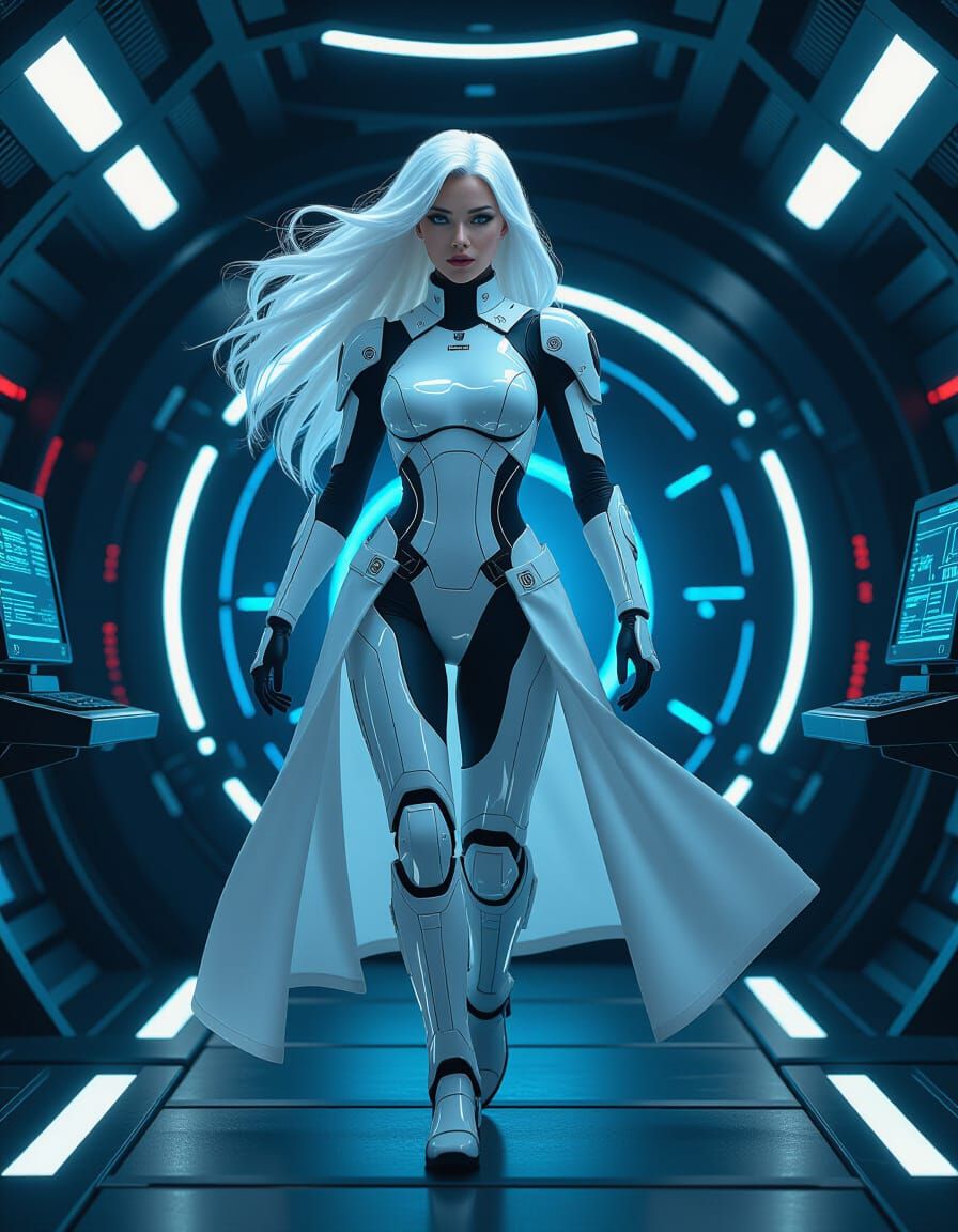Futuristic Robotic Woman in Cyberpunk Cinema Style