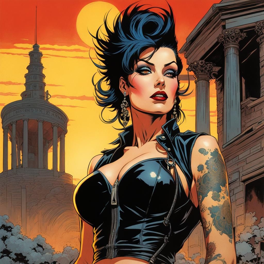 Punk Goth Woman in Abandoned Hospital, Comic Book Style