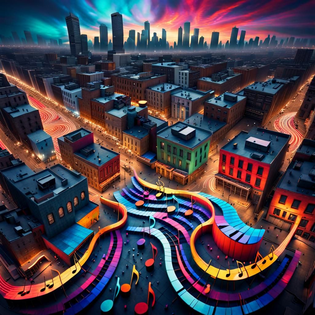 Vibrant Cityscape of Swirling Musical Notes in HDR