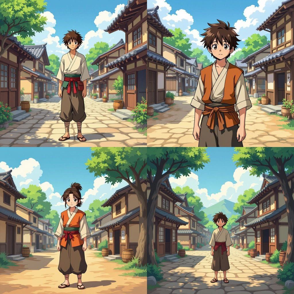 Shounen Anime Villager in Stylized Village Square