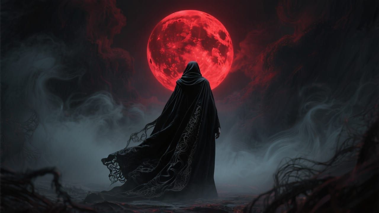 Crimson Moon: Gothic Figure in Swirling Mist