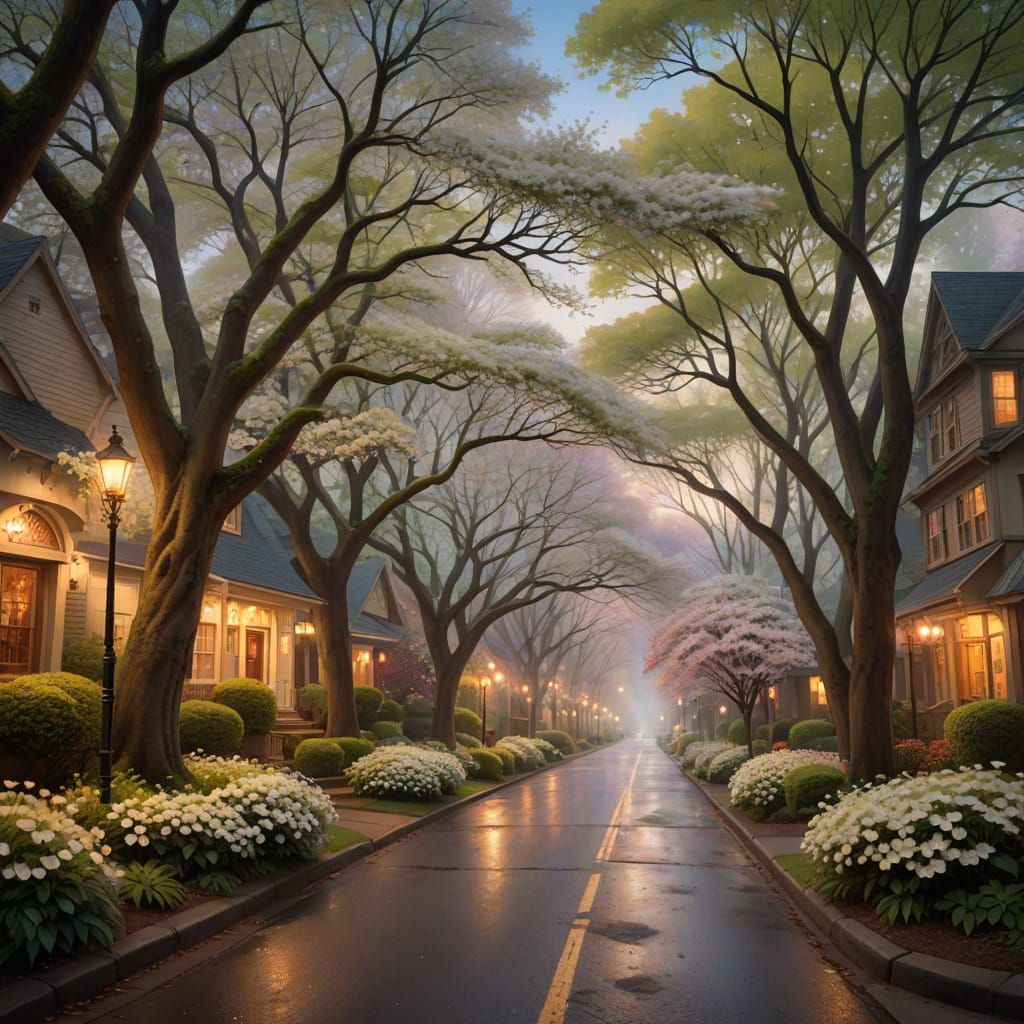 Whimsical Dogwood Lane in Dreamy Fantasy