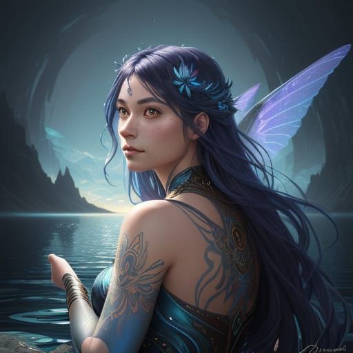 Serene Indigo Faerie Amidst Sunset Reflections