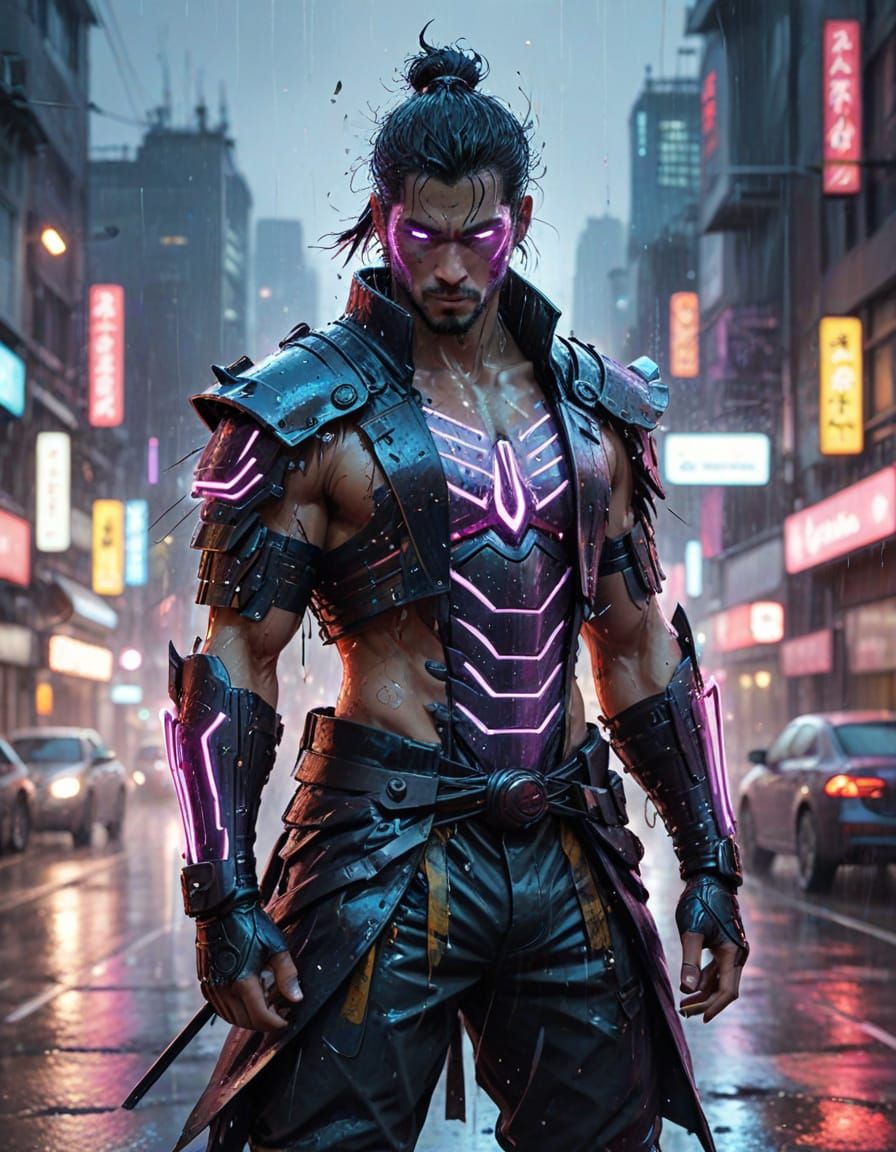 Cyberpunk Samurai in Neon Armor: Manga-Inspired Art