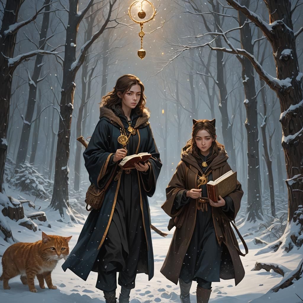 Girl with Cat in Snowy Forest: Dark Fantasy Art