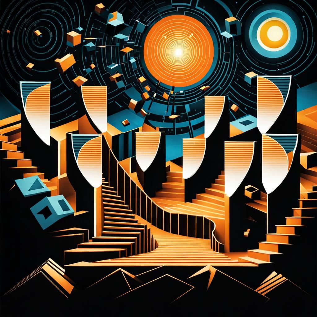 Escher Style Infinite Staircase with Science Symbols
