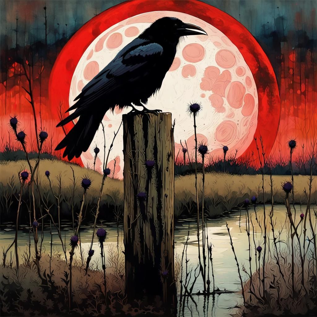 Crow with Exaggerated Eye in Swampy River Scene