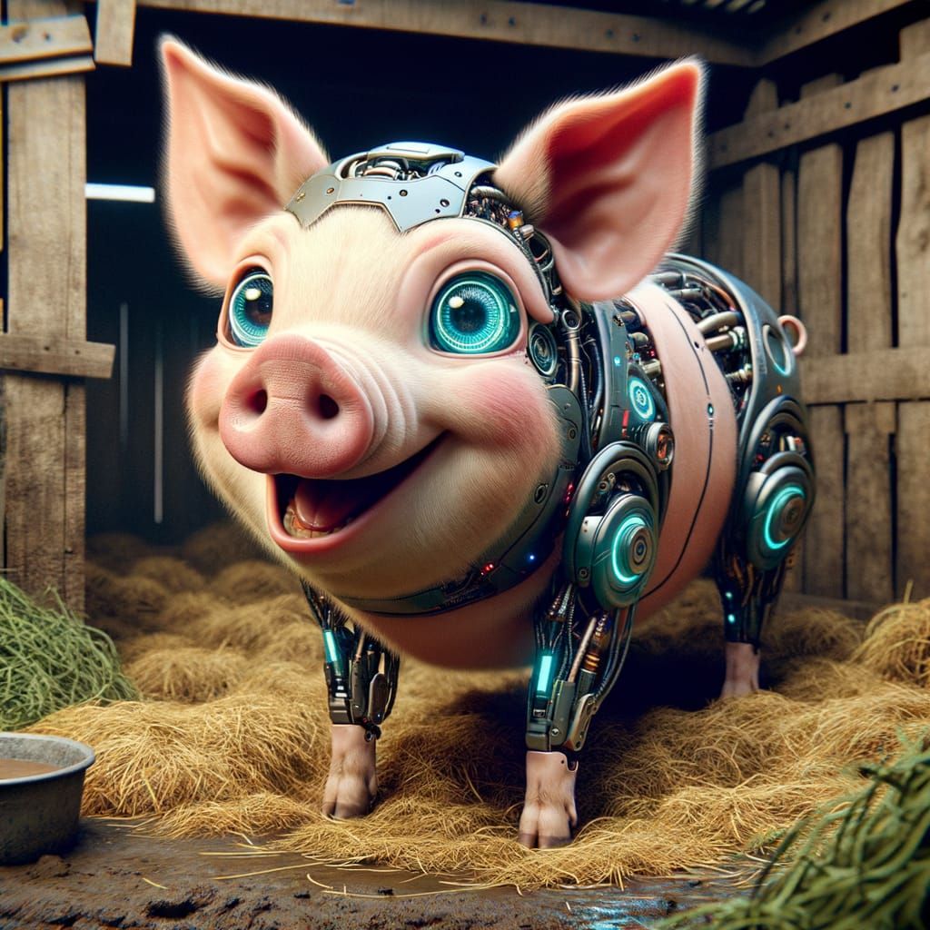 Joyful Cyborg Pig in a Traditional Pigsty