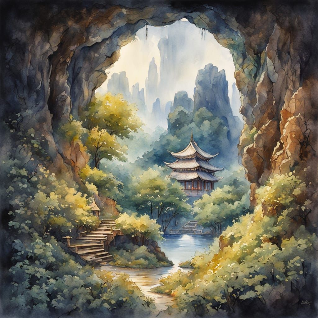 Watercolor Asian Landscape Through a Mystical Keyhole
