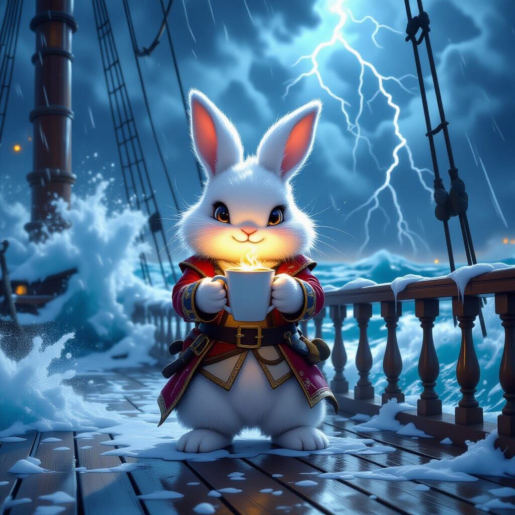 Bunny with Hot Chocolate on Stormy Pirate Ship