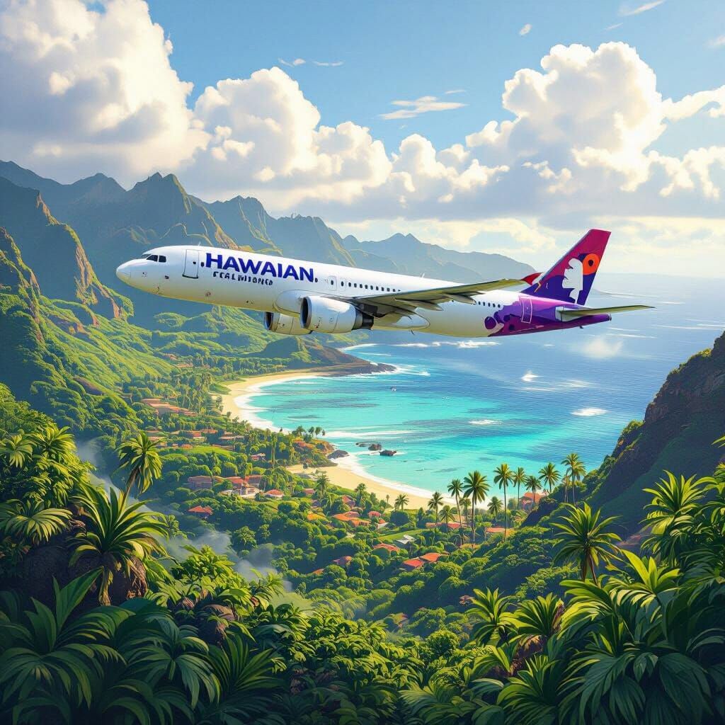 Hawaiian Airlines Plane Over Tropical Paradise