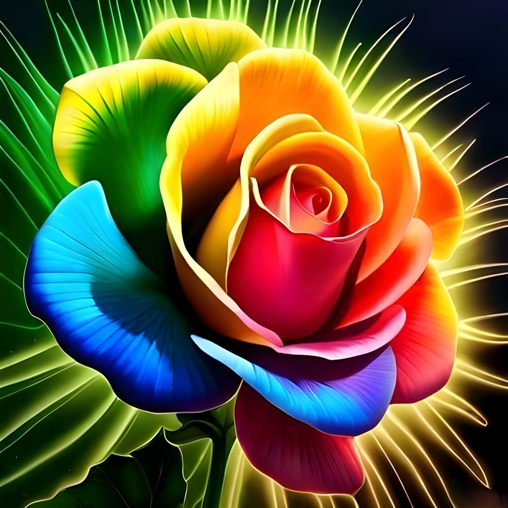 Glowing Rainbow Rose Fantasy Art Close-Up