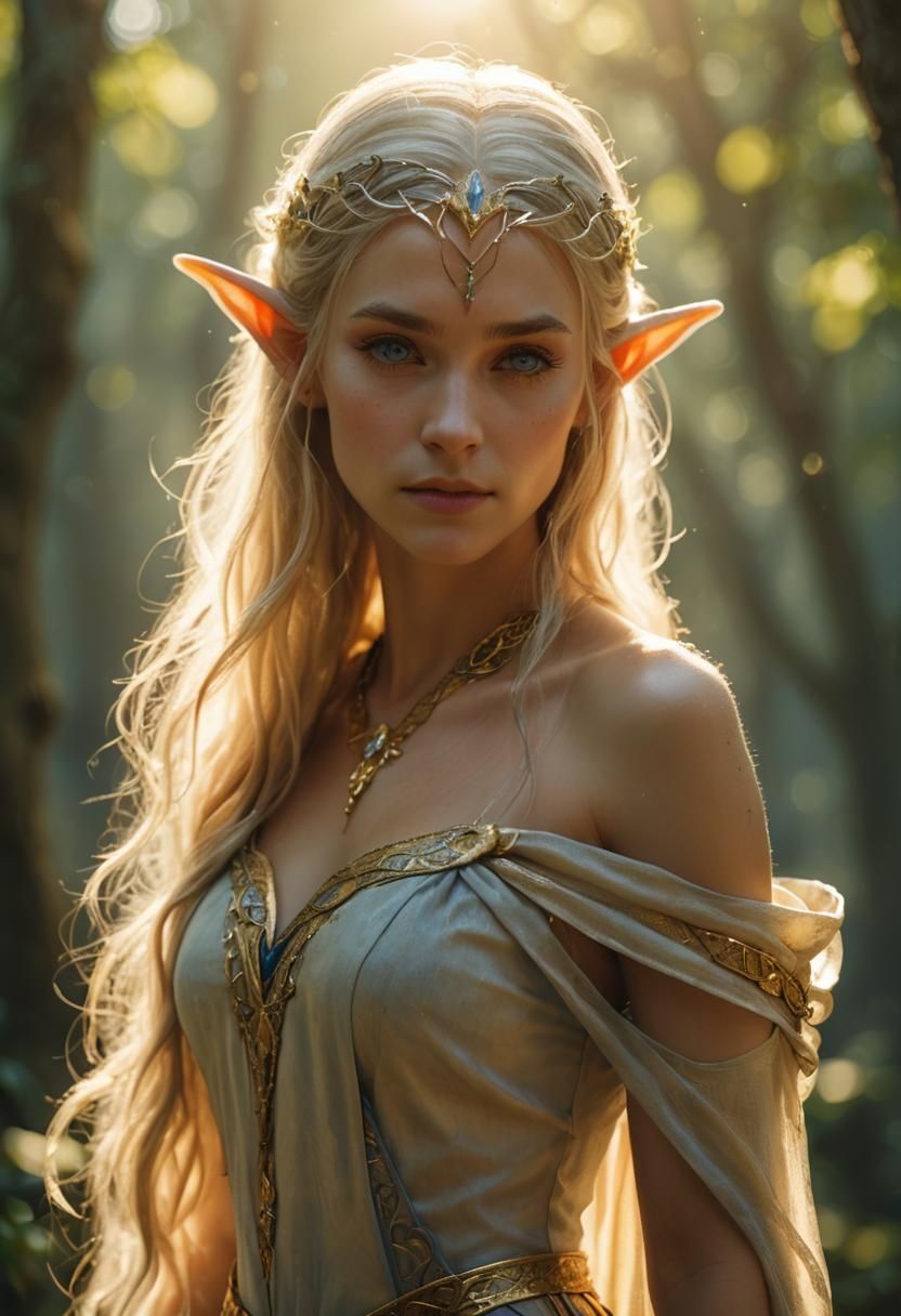 Elven Portrait in Blue, Gold, and Silver Hues